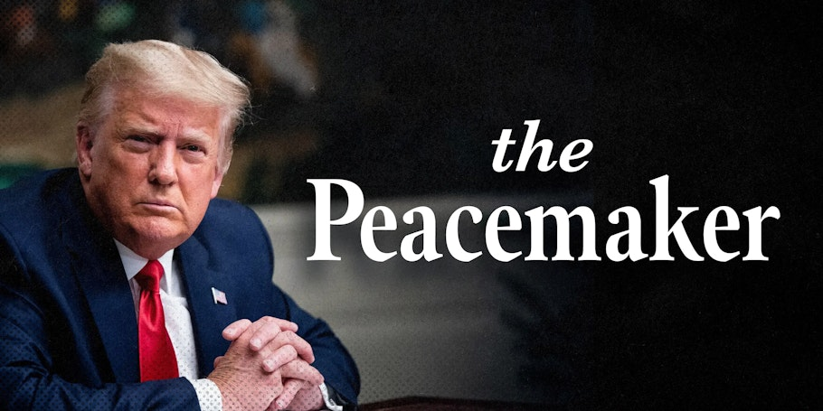 A man in a suit sits with his hands clasped, facing the camera. The words "the Peacemaker" are written in large text beside him.