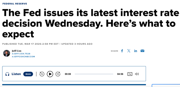 Headline announcing the Federal Reserve's upcoming interest rate decision on Wednesday, with publication details and audio playback options below.