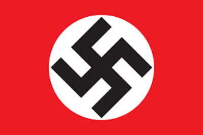 A red and white flag with a black symbol.