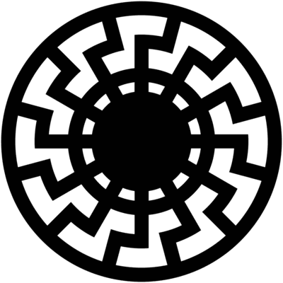 A black sunwheel symbol with twelve radial, zigzag spokes arranged in a circular pattern on a transparent background.