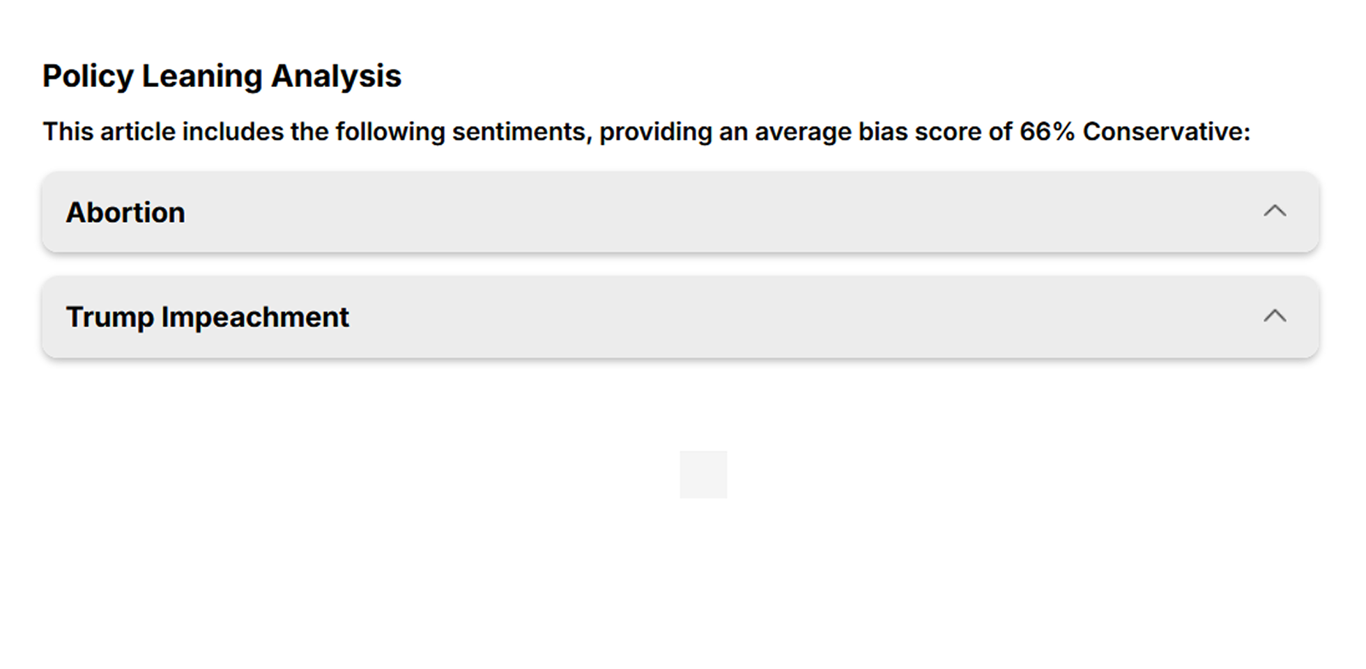Screenshot of "Policy Leaning Analysis" showing topics: "Abortion" and "Trump Impeachment," with average bias score of 66% Conservative.