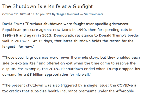 Screenshot of a news article discussing government shutdowns in the US, highlighting political disputes and referencing shutdowns from 1995, 2018-19, and the COVID-era tax credit issue.