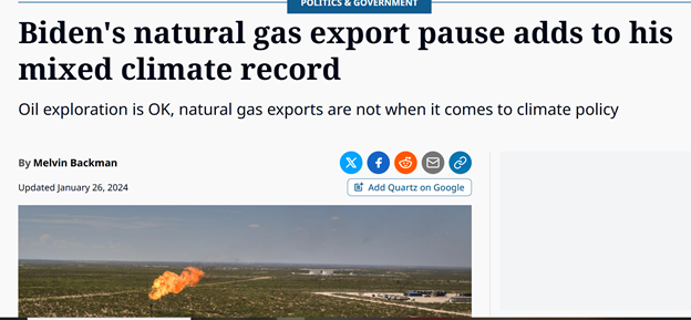 Screenshot of a news article titled "Biden's natural gas export pause adds to his mixed climate record," with a photo of a gas flare burning in a large open landscape.