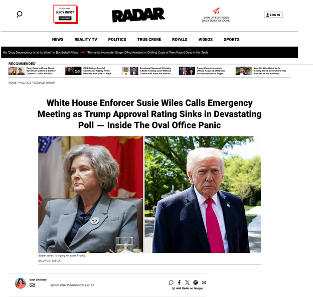 Screenshot of a news article showing photos of Susie Wiles and Donald Trump alongside a headline about Trump's declining approval rating and Oval Office concerns.