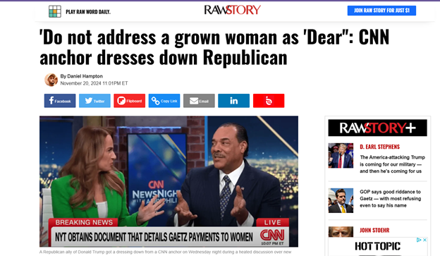 Screenshot of a Raw Story article with the headline, "'Do not address a grown woman as 'Dear': CNN anchor dresses down Republican," showing two people talking on CNN Newsnight.