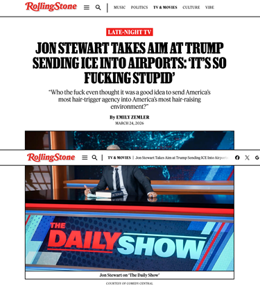 Screenshot of a Rolling Stone article titled "Jon Stewart Takes Aim at Trump Sending ICE Into Airports: 'It’s So Fucking Stupid'" with an image from "The Daily Show" featuring Jon Stewart.