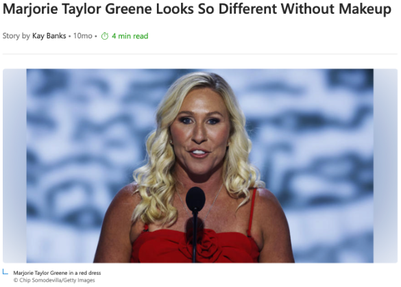 A woman with long blonde hair in a red dress stands at a podium with a blurred blue background behind her.