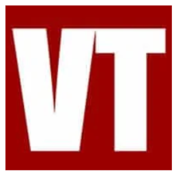 White capital letters "VT" on a red square background.