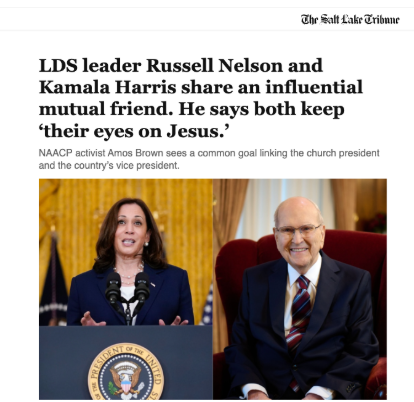 Side-by-side photos of Kamala Harris speaking at a podium and Russell Nelson seated and smiling, from a Salt Lake Tribune article headline.