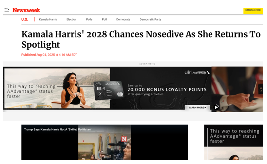 Screenshot of a Newsweek article headlined, "Kamala Harris' 2028 Chances Nosedive As She Returns To Spotlight," published on August 4, 2023, with visible ads and related stories.