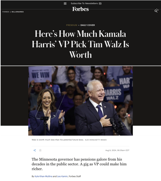 Forbes article headline about Kamala Harris' VP pick Tim Walz’s net worth, featuring a photo of Walz smiling and giving a thumbs up at a public event.