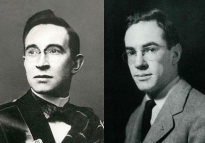 Two black-and-white portraits of men with glasses, each wearing suits and looking slightly away from the camera.