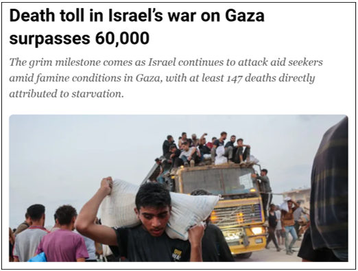 A group of people travel on and around a crowded truck in Gaza, with one man carrying a large sack on his shoulder under a cloudy sky.