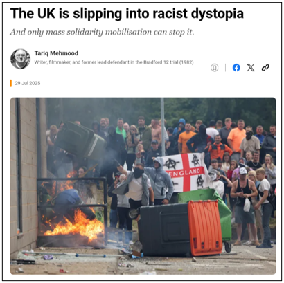 A group of people clash near overturned bins, some holding an England flag and signs with swastikas, in front of a building.