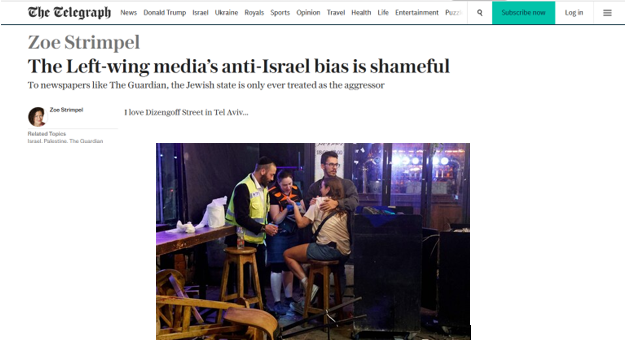 Four people are seated outside at a table on Dizengoff Street in Tel Aviv at night, talking and enjoying drinks with a bar visible in the background.