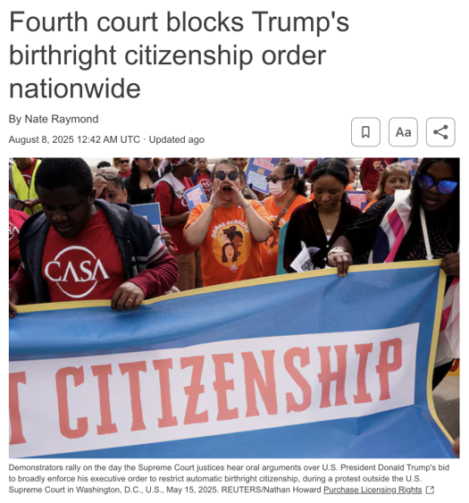 Protesters hold signs and a banner reading "CITIZENSHIP" outside the U.S. Supreme Court during a demonstration against Trump's birthright citizenship order.