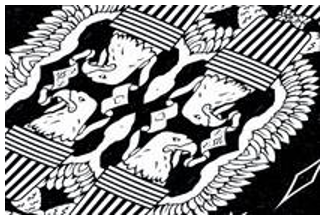 Black and white illustration of four eagle heads facing outward, mirrored along the center, with detailed wings and geometric patterns.