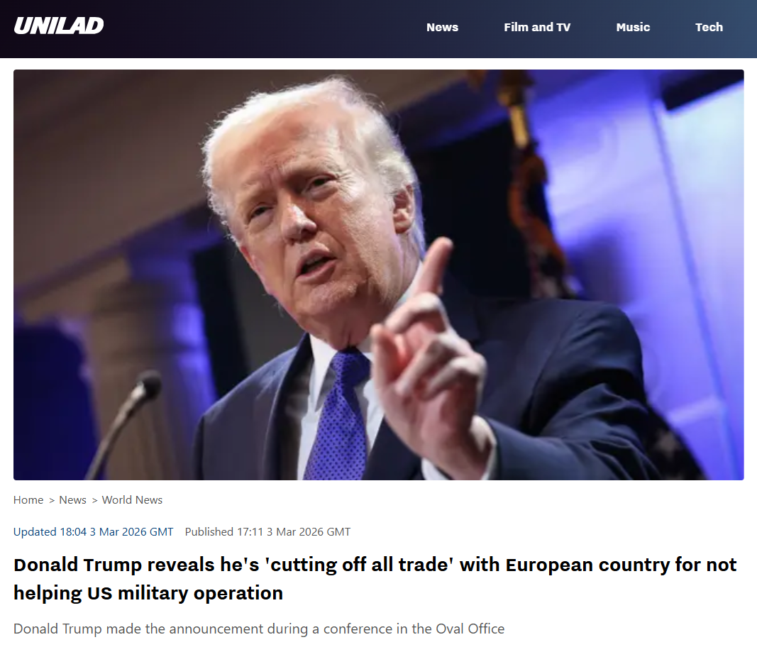 Donald Trump speaks at a podium, gesturing with his hand, during a press conference addressing international trade and military cooperation.