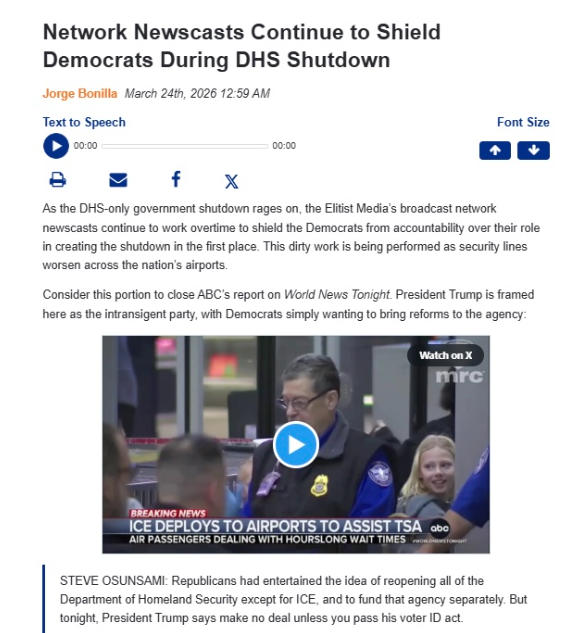 Screenshot of a news article discussing how TV newscasts reported on Democrats during a DHS shutdown, with an image of ICE officers at an airport and related headlines visible.