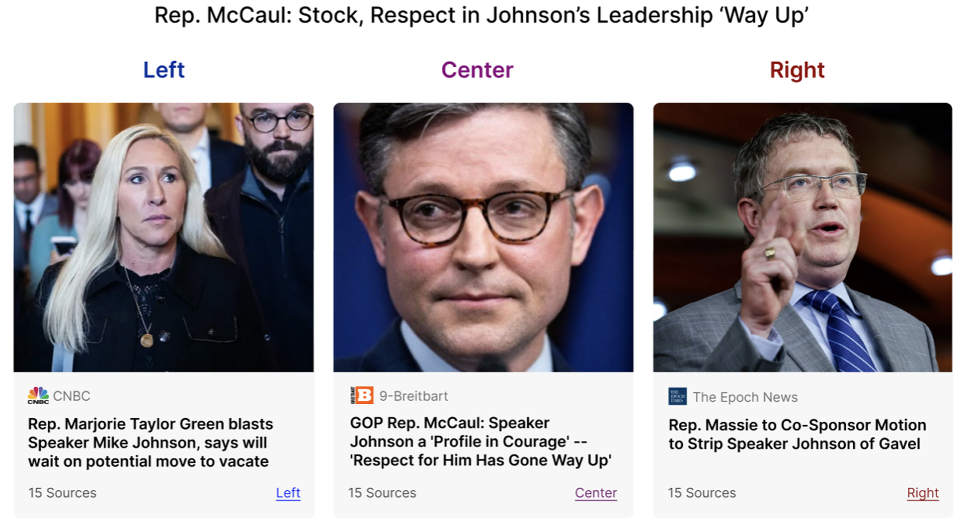 A news headline is shown above three articles: left-leaning about Marjorie Taylor Green, center about Mike Johnson, and right-leaning about Rep. Massie.