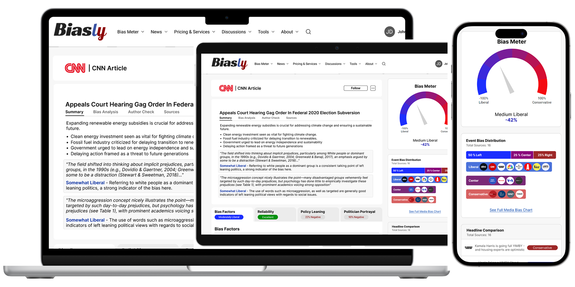 Laptop, tablet, and smartphone display a website with a news article from CNN. The site includes sections like "Bias Meter," "Political People," and "Bias Factors.
