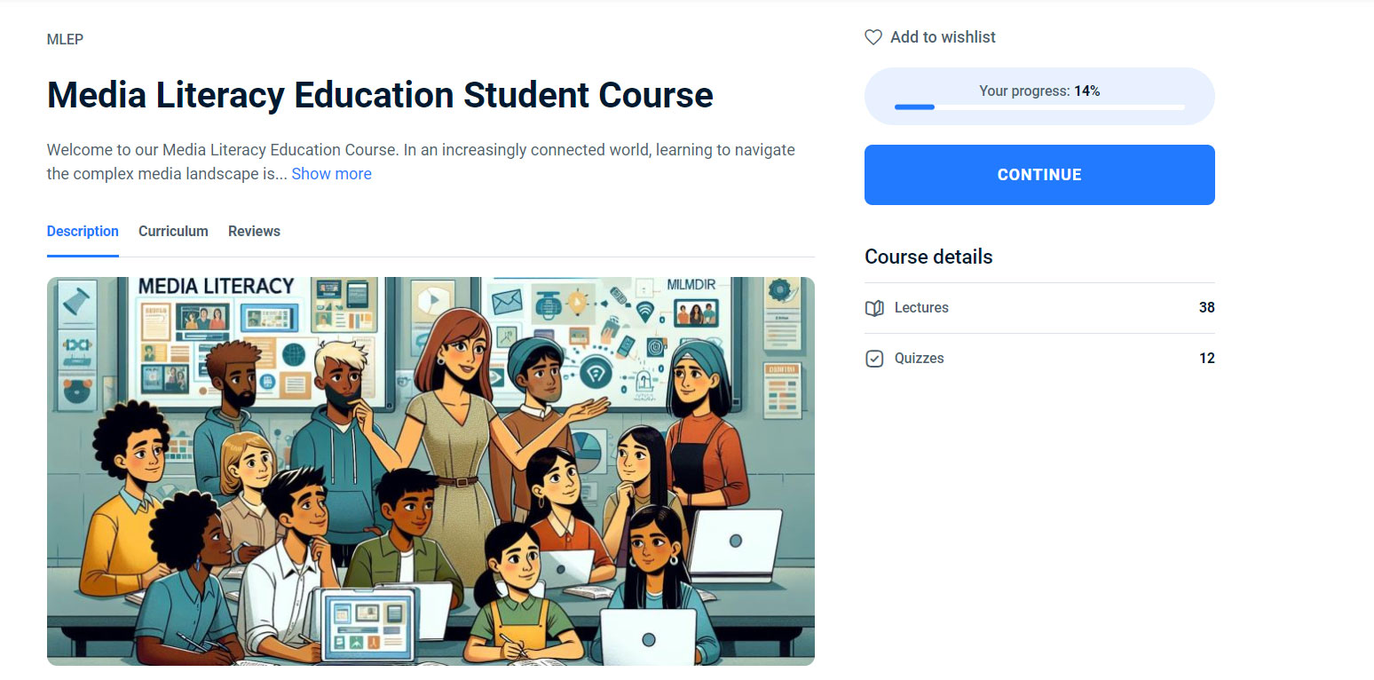 Screenshot of an online course page titled "Media Literacy Education Student Course" showing a diverse group of students in a classroom. Course progress is 14%, with 38 lectures and 12 quizzes listed.