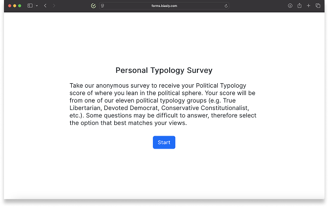 A webpage displaying the introduction to a Personal Typology Survey with a blue "Start" button below descriptive text about political typology groups.
