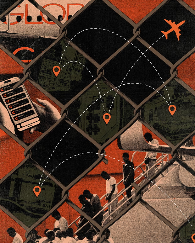 Illustration showing people deboarding a plane, a hand holding a phone with alerts, a chain-link fence overlay, and map markers connected by dotted lines on a red background.