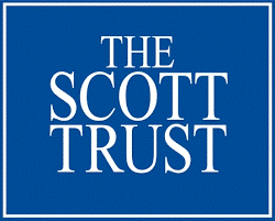 White text reads "The Scott Trust" on a solid blue background, framed by a thin white rectangular border.