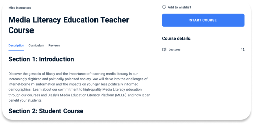 Screenshot of an online course webpage titled "Media Literacy Education Teacher Course" with sections on description, curriculum, and reviews. The page shows 12 lectures available in the course.