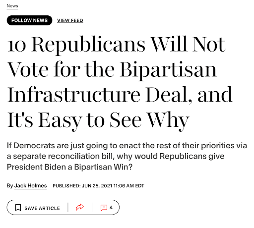 Screenshot of a news article headline stating ten Republicans will not vote for the Bipartisan Infrastructure Deal, questioning why they would support a win for President Biden.