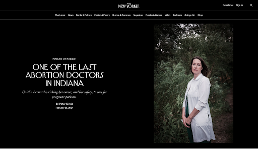 A woman in a white coat stands outdoors among green bushes, featured beside the headline “One of the Last Abortion Doctors in Indiana” on The New Yorker’s website.