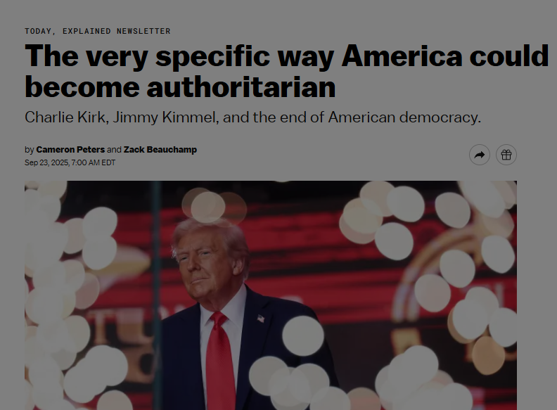 Donald Trump stands on stage with blurred lights in the foreground; headline discusses the potential for authoritarianism in America.