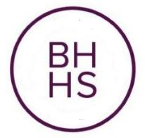 A simple circular logo with the letters "BHHS" in uppercase, arranged in two rows, enclosed within a thin purple border.