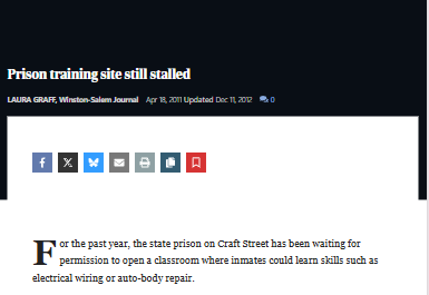 Screenshot of a news article titled "Prison training site still stalled," discussing delays in opening a classroom for inmate vocational training at a state prison.