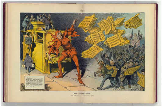 A jester operates a printing press, scattering sensational newspapers to a crowd of eager readers. Headlines include “Horrible Murder” and “Awful Calamity.”.