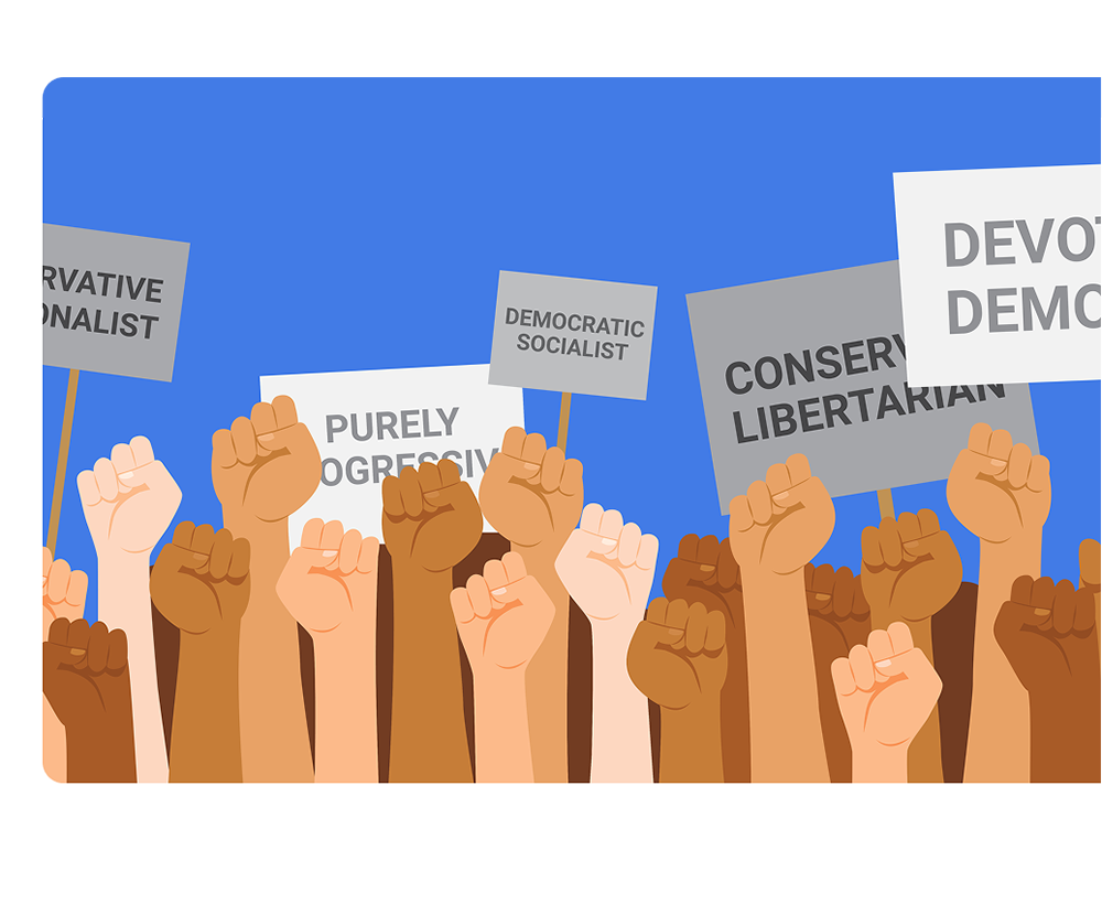 Illustration of raised fists of various skin tones holding protest signs labeled with different political ideologies against a blue background.