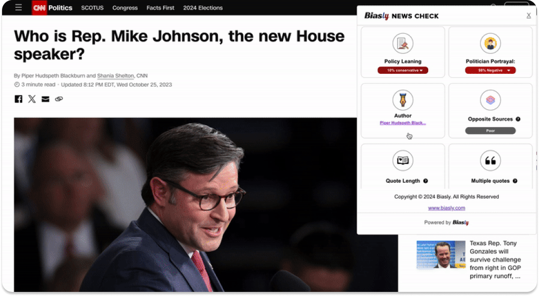 A man in glasses, Rep. Mike Johnson, is speaking into a microphone. The screen shows a Biasly News Check tool and headline: "Who is Rep. Mike Johnson, the new House speaker?.
