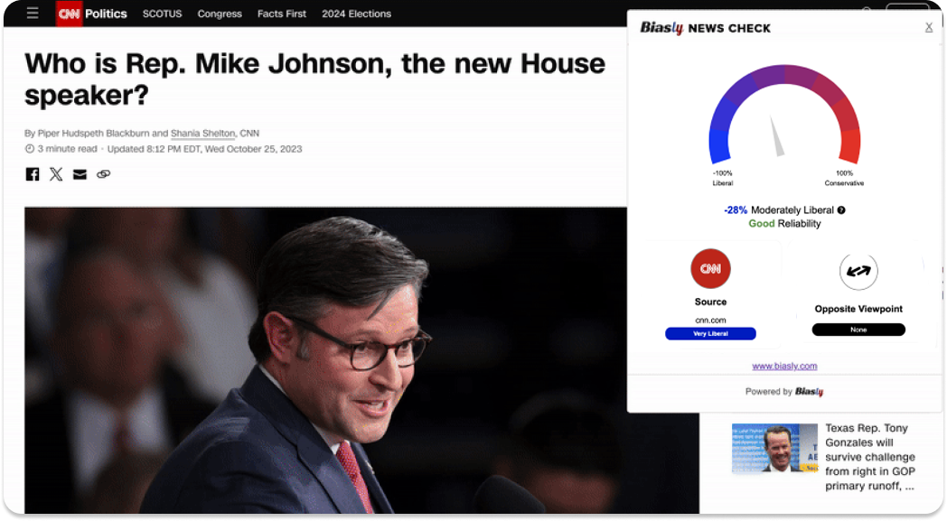 Screenshot of a CNN article headline asking "Who is Rep. Mike Johnson, the new House speaker?" with a Biasly News Check showing CNN's bias as "Moderately Liberal" at 28% with good reliability.