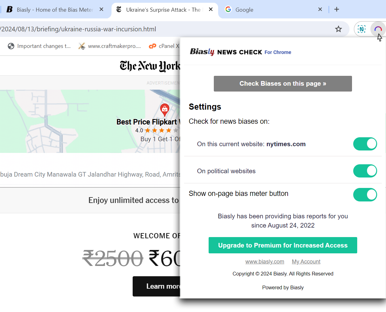 Screenshot of a browser window showing a Biasly News Check plugin pop-up with settings for checking news biases on the current page.