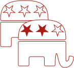 Two stylized white elephant icons with red outlines and three red stars each, symbolizing the Republican Party.