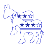 Two stylized donkey silhouettes with stars and stripes, commonly associated with the U.S. Democratic Party, on a black background.