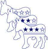 Three stylized donkey silhouettes featuring stars along their sides, depicted in blue and white with an overlapping arrangement.