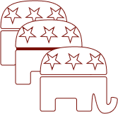 Three stylized elephant icons featuring stars on their backs, commonly associated with the Republican Party.