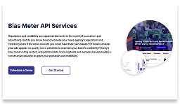 A webpage section titled "Bias Meter API Services" with descriptive text, two buttons, and two partially visible circular images on the right.