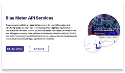 A webpage section titled "Bias Meter API Services" with descriptive text, two call-to-action buttons, and a partial image of charts and people.