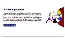 Screenshot of a webpage titled "Bias Rating Services" with descriptive text, a "Request a Bias Rating" button, and an illustration of people analyzing data and rating bias.