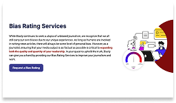 A webpage titled "Bias Rating Services" describes bias evaluations, with an illustration of people, a computer, and a bias meter. A purple button reads "Request a Bias Rating.
