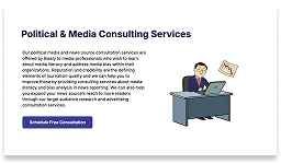 A consulting services webpage displays text about political and media consulting, a button labeled "Schedule Free Consultation," and an illustration of a person at a desk with a laptop.