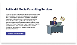 A man in a suit sits at a desk with a laptop, next to text promoting political and media consulting services and a button labeled "Schedule Free Consultation.